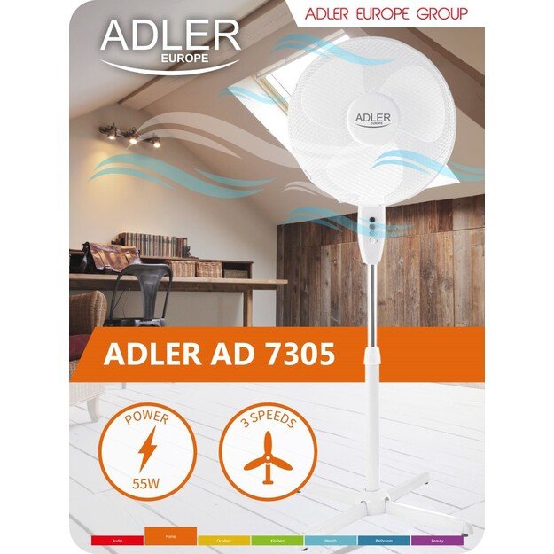 Adler | AD 7305 | Stand Fan | White | Diameter 40 cm | Number of speeds 3 | Oscillation | 45 W | No