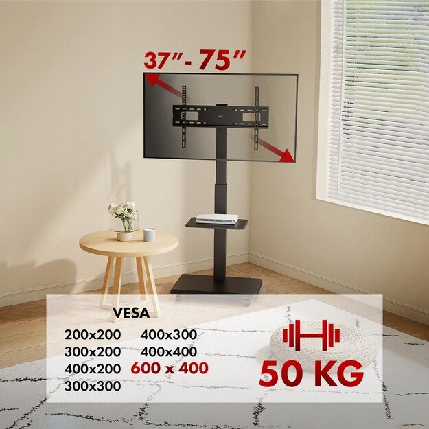 Stand / cart for TV Ergo-Office, max. load 50kg / 5kg shelf, max. VESA 600x400, built-in power strip, black, ER-304 B