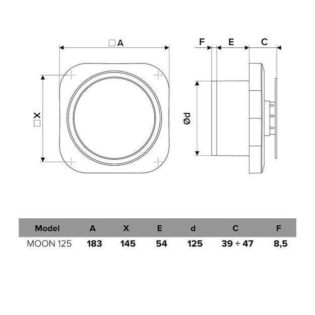 Vonios kambario ventiliatorius Vlano MOON 125 (Paprasta Komplektacija) 125 mm