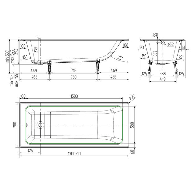 Ketinė vonia su kojom Optima 170cm