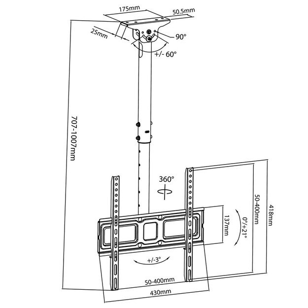 Maclean MC-943 Universal TV Bracket Ceiling Mount Swivel Tilt Adjustable 32 - 50  VESA OLED QLED LED LCD