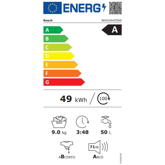 Bosch | Washing Machine | WGG244ZSSN | Energy efficiency class A | Front loading | Washing capacity 9 kg | 1400 RPM | Depth 64 c