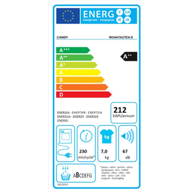 Candy | Dryer Machine | RO4 H7A2TEX-S | Energy efficiency class A++ | Front loading | 7 kg | LCD | Depth 46.5 cm | Wi-Fi | White