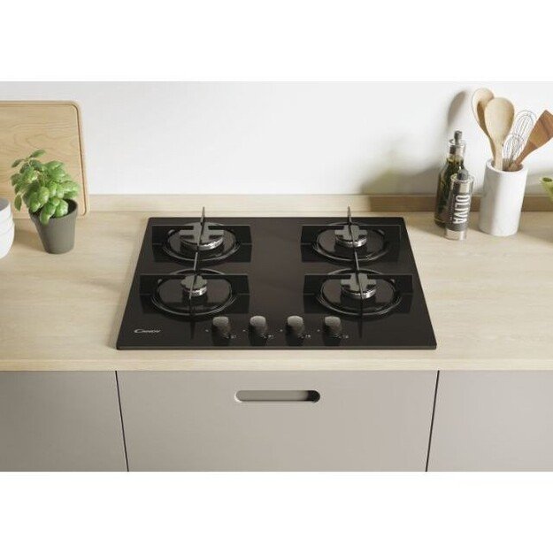 Candy Hob | CVW6BB | Gas on glass | Number of burners/cooking zones 4 | Knobs | Black