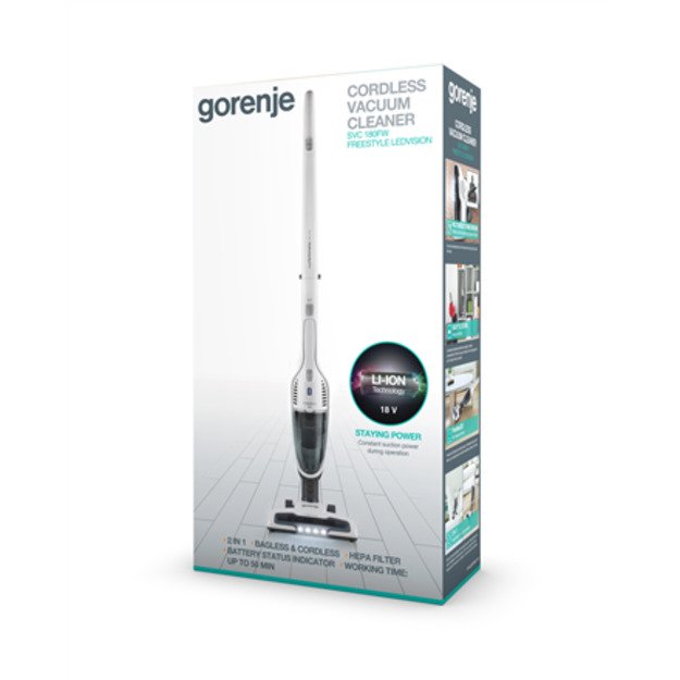 Gorenje | Vacuum cleaner | SVC180FW | Handstick 2in1 | Handstick | 18 V | Operating time (max) 50 min | White | Warranty 24 mont