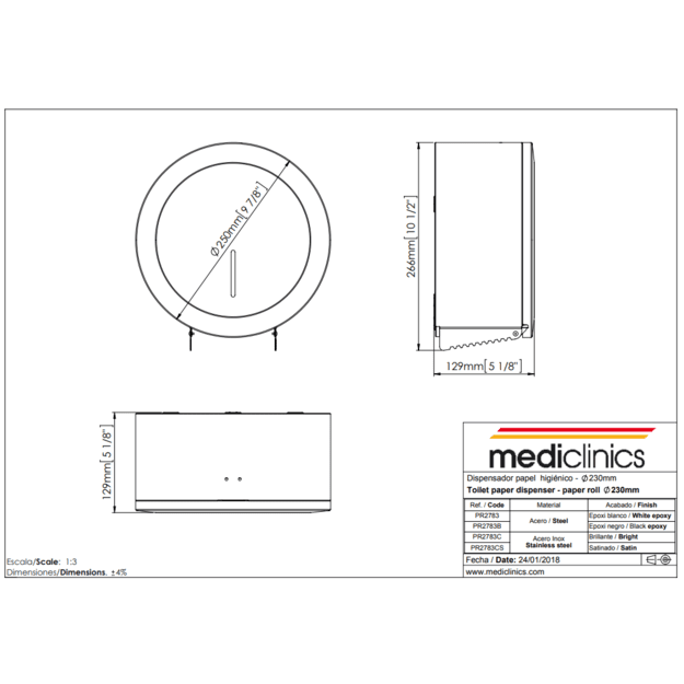 MEDICLINICS PR2783B Tualetinio Popieriaus Dozatorius, 230Mm, Juoda Epoksidinė