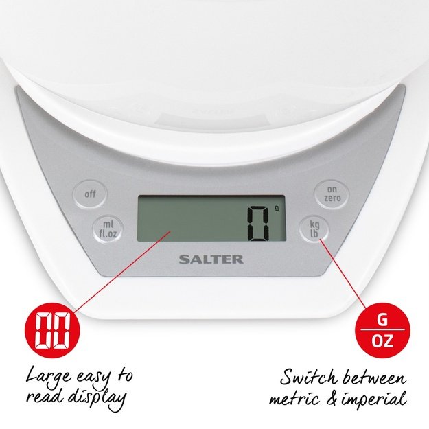 Salter 1024 WHDR14 Digital Kitchen Scales with Dual Pour Mixing Bowl white
