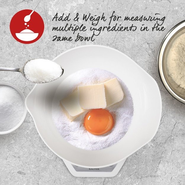 Salter 1024 WHDR14 Digital Kitchen Scales with Dual Pour Mixing Bowl white