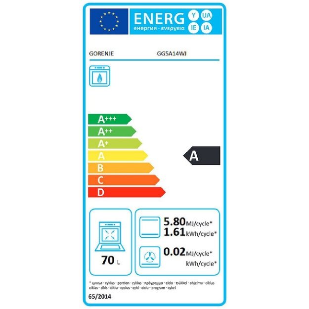 Gorenje Cooker | GG5A14WJ | Hob type Gas | Oven type Gas | White | Width 50 cm | Depth 59.4 cm | 70 L
