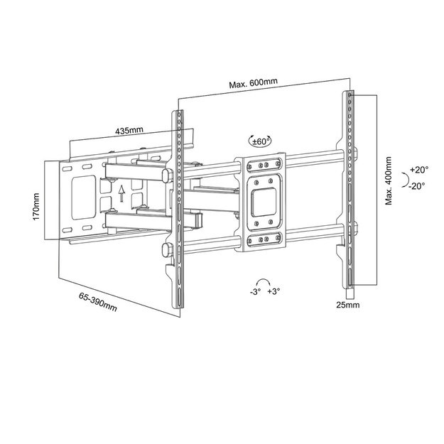 Maclean TV Mount, max VESA 600x400, 32-85 , 60kg, horizontal and vertical angle adjustment, profile 65-390mm, black, MC-789