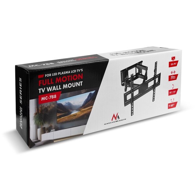Maclean TV Mount, max VESA 600x400, 32-85 , 60kg, horizontal and vertical angle adjustment, profile 65-390mm, black, MC-789