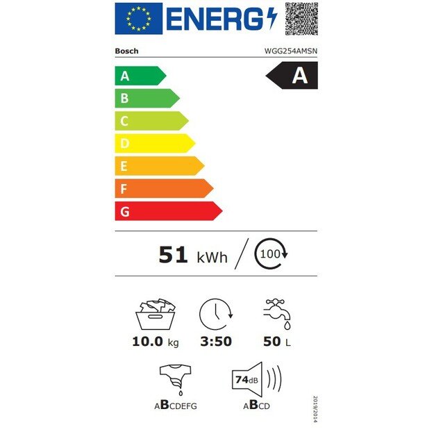 Bosch | Washing Machine | WGG254AMSN | Energy efficiency class A | Front loading | Washing capacity 10 kg | 1400 RPM | Depth 63