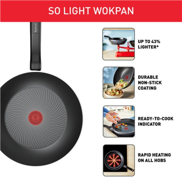 TEFAL Pan | H0561942 | Wok | Diameter 28 cm | Suitable for induction hob | Fixed handle | Black