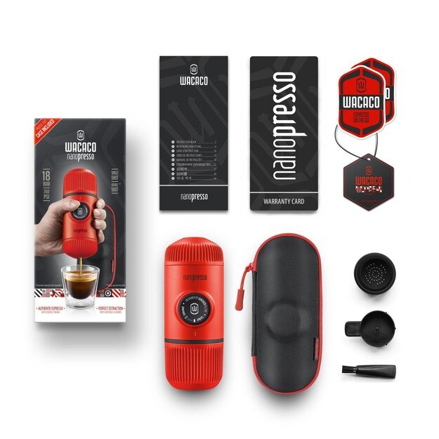 WACACO NANOPRESSO LAVA RED rankinis maltos kavos aparatas su dėklu, raudona