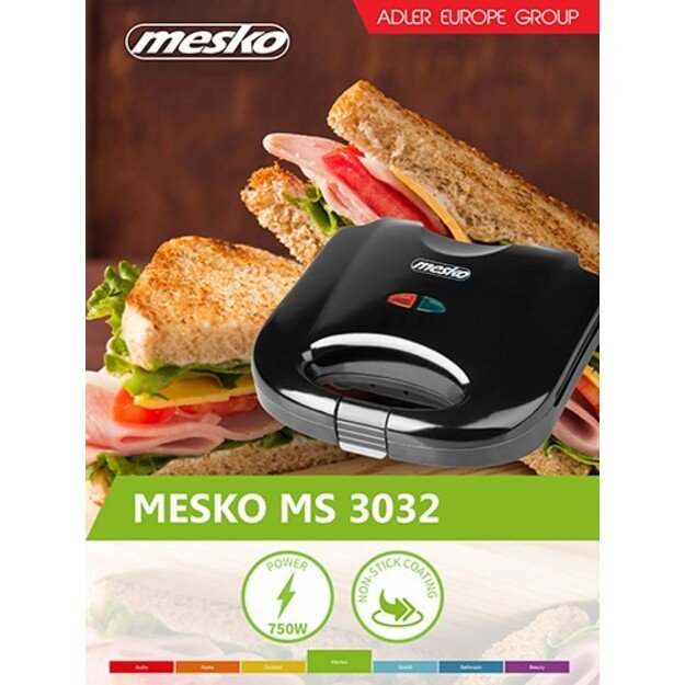 Mesko | Sandwich maker | MS 3032 | 750 W | Number of plates 1 | Number of pastry 2 | Black