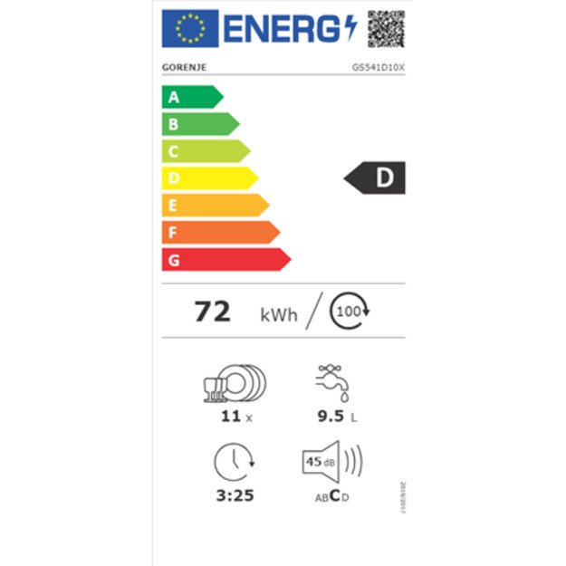 Free standing | Dishwasher | GS541D10X | Width 44.8 cm | Number of place settings 11 | Number of programs 5 | Energy efficiency