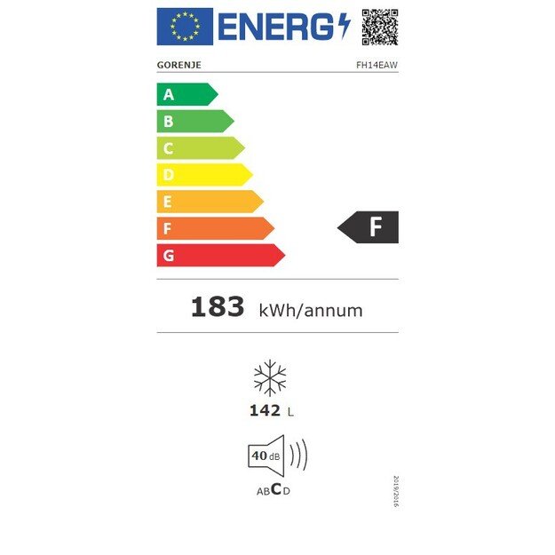 Gorenje | Freezer | FH14EAW | Energy efficiency class E | Chest | Free standing | Height 85.4 cm | Total net capacity 142 L | Wh