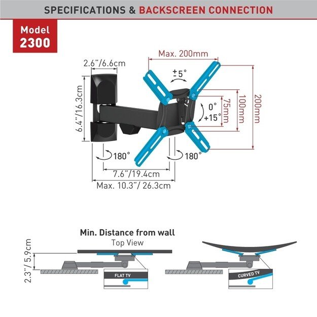 BARKAN 2300.B 26 -39  LED TV, 3 lankstų, sieninis, juodas