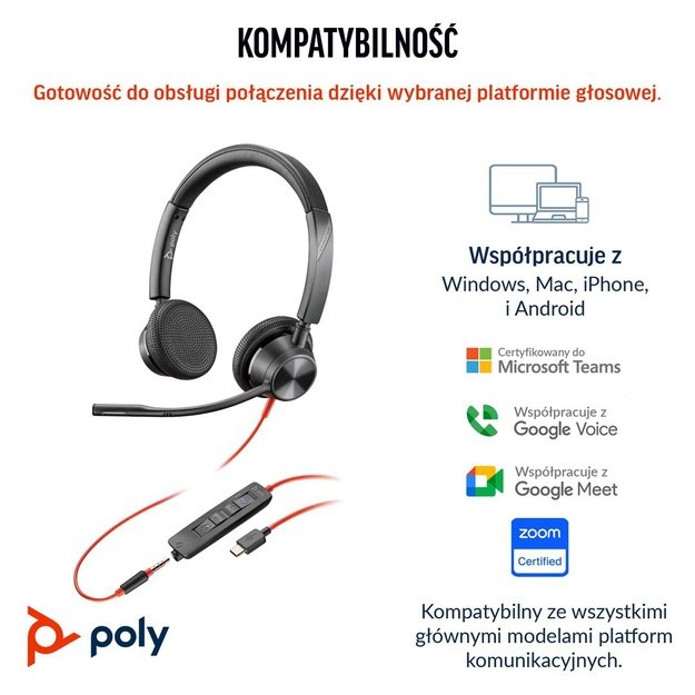 HP Poly Blackwire 3325 Stereo Microsoft Teams Certified USB-C Headset +3.5mm Plug +USB-C/A Adapter