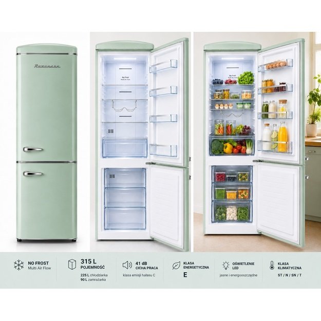 Ravanson LKK-315RM Retro Fridge 597 mm x 707 mm x 1943 mm | 315 l | Total No Frost | Energy Class E | mint