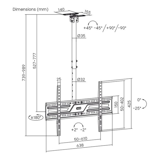 Maclean Ceiling Mount for TV, max. load 50 kg, 37&ndash;86 , max. VESA 600x400, MC-173