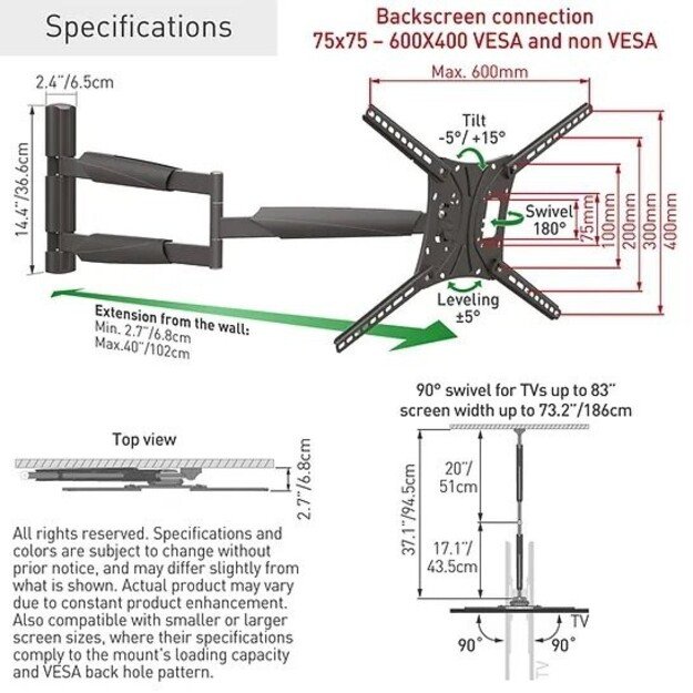 BARKAN BM443XL 13 -83  TV, 4 lankstų, sieninis, juodas, labai ilgas 4