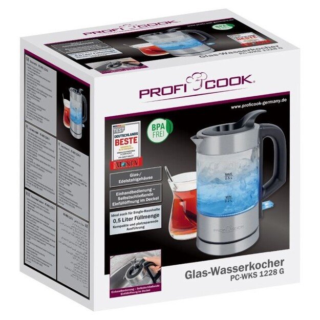 ProfiCook PC-WKS 1228 G electric kettle 0.5 L 1100 W Stainless steel, Transparent 3