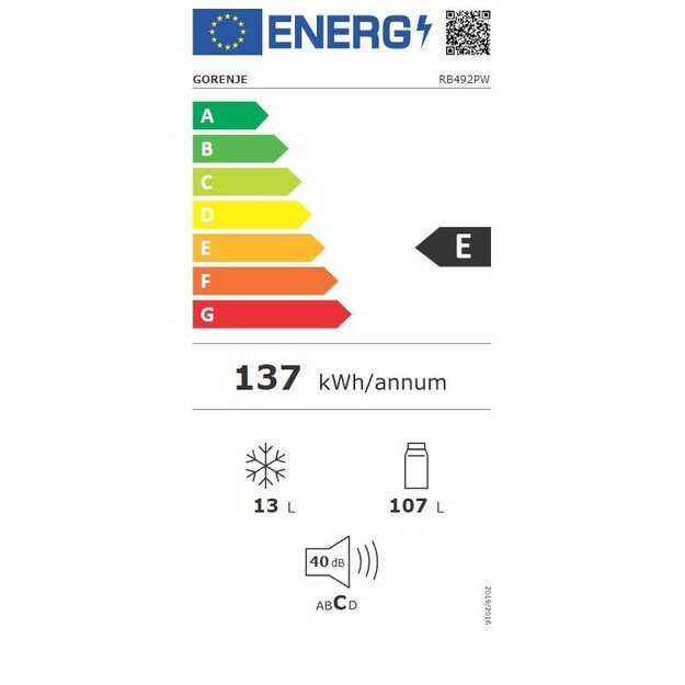 Gorenje | Refrigerator | RB492PW | Energy efficiency class E | Free standing | Larder | Height 84.5 cm | Fridge net capacity 107