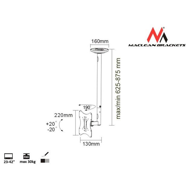 Mount wall for TV Maclean MC-504S (Ceiling, Rotary, Tilting - 42 , max. 30kg)