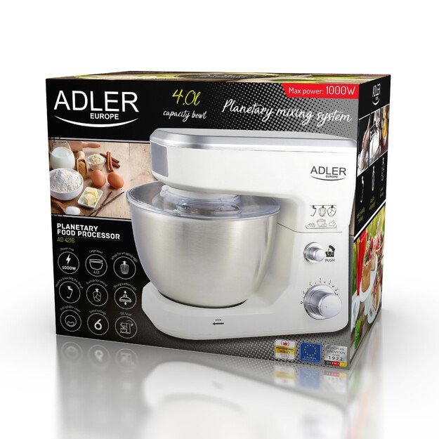 Adler | AD 4216 | 1000 W | Number of speeds 6 | Bowl capacity 4 L | White