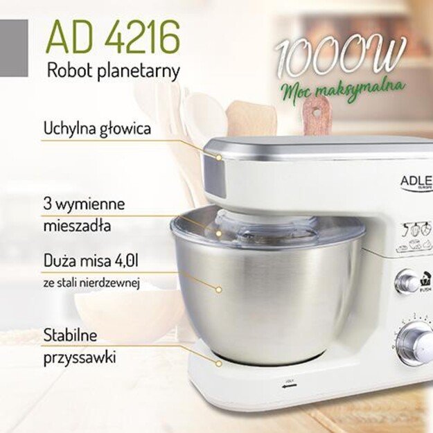 Adler | AD 4216 | 1000 W | Number of speeds 6 | Bowl capacity 4 L | White