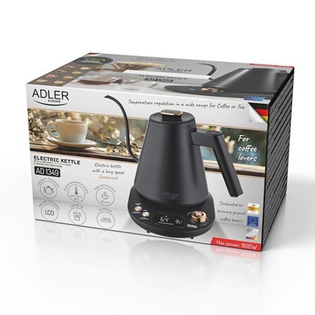 Adler Kettle | AD 1349 | Electric | 1100 W | 1 L | Stainless steel | 360&deg; rotational base | Black/Gold 1