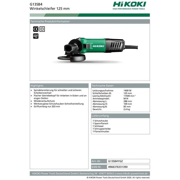 Angle grinder 125mm, 11,500/min, M14, 1400W Smooth start