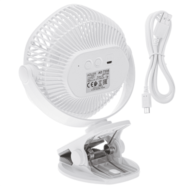 Adler Rechargeable fan with clip | AD 7335 | Table Fan | 6 W | Diameter 12.7 cm | Number of speeds 3 | Oscillation | White
