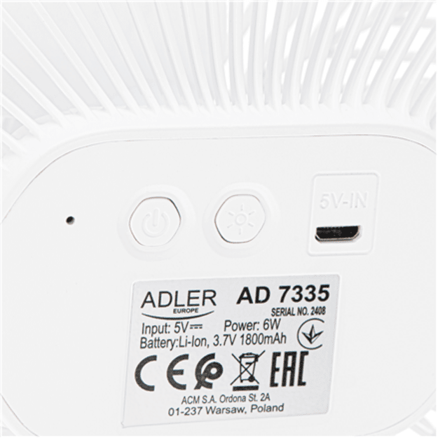 Adler Rechargeable fan with clip | AD 7335 | Table Fan | 6 W | Diameter 12.7 cm | Number of speeds 3 | Oscillation | White