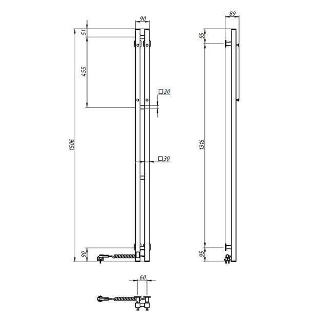 El.rank&scaron;luosčių džiovintuvas Siluet Quadro 90*1500 Sensor de&scaron;inė juodas 12-234053-0915
