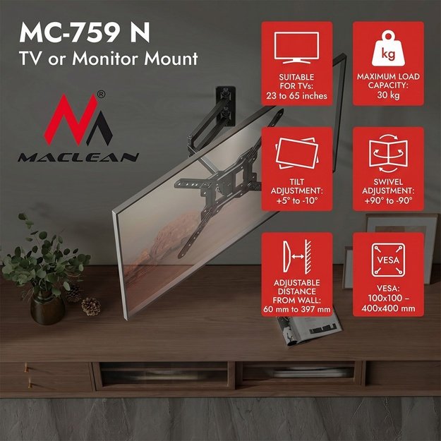 Maclean TV or Monitor Mount / Bracket, max. 23&ndash;65 , max. load 30 kg, universal, max. VESA 400x400, MC-759 N