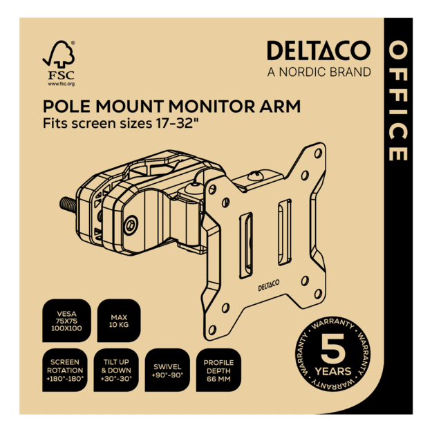 Monitoriaus laikiklis DELTACO, 66 mm, tvirtinimas prie stulpo 17-32  10 kg / ARM-0304-B ​​/ 1904045
