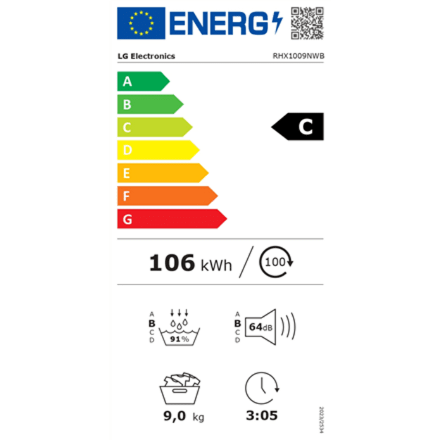 LG Dryer Machine | RHX1009NWB | Energy efficiency class C | Front loading | 9 kg | LED | Heat pump | Depth 66 cm | Wi-Fi | White