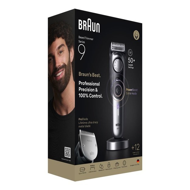 Braun BeardTrimmer 9 BT9560 beard trimmer Battery 52 2 cm Wet & Dry Black, Silver