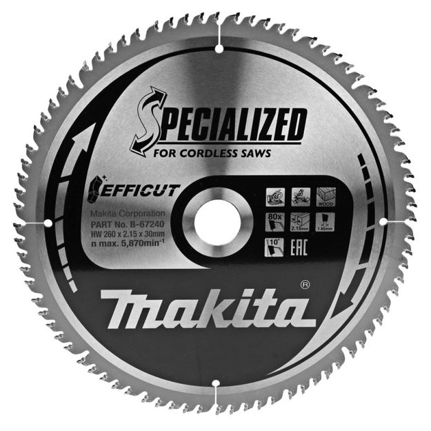 Medžio pjovimo diskas MAKITA Efficut 260x30x2,15mm 80T 10&deg;