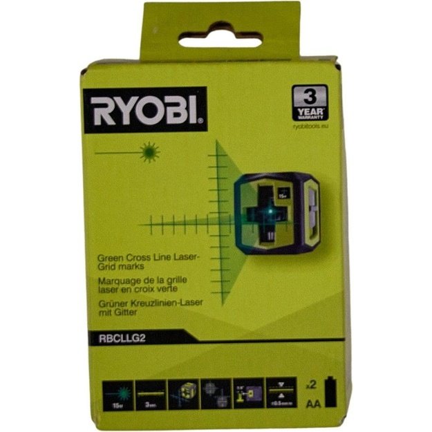 RYOBI Cross Laser with green beam. Working range 15 m. Operating time 6 hours. Class II laser. Wavelength: 520nm &plusmn; 10nm