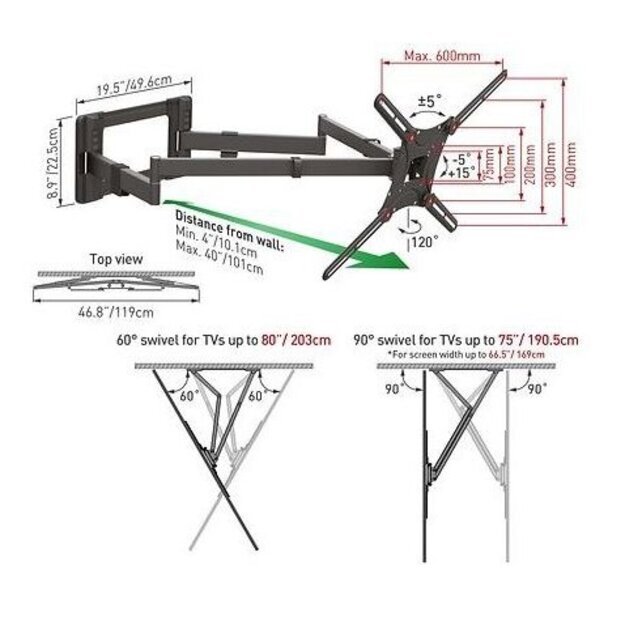 BARKAN BM464XL 13-80  lygiam/lenktam TV, 4 lankstų, sieninis, juodas, labai ilgas