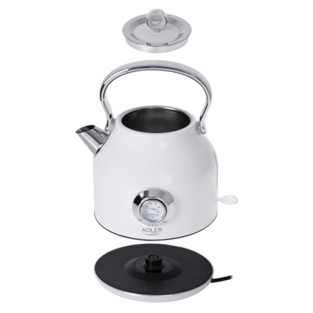 Adler Kettle with a Thermomete AD 1346w Electric, 2200 W, 1.7 L, Stainless steel, 360° rotational base, White