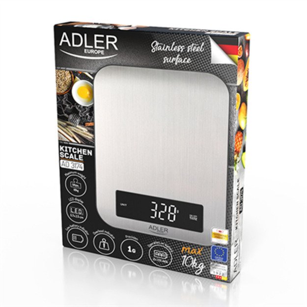 Adler Kitchen scale AD 3174 Maximum weight (capacity) 10 kg Graduation 1 g Display type LED Inox