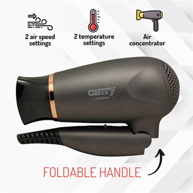 Camry Hair Dryer CR 2261 1400 W, Number of temperature settings 2, Metallic Grey/Gold