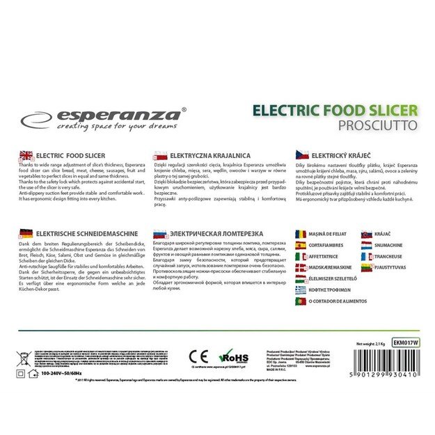 Slicer electric Esperanza Prosciutto EKM017W (150W, white color)