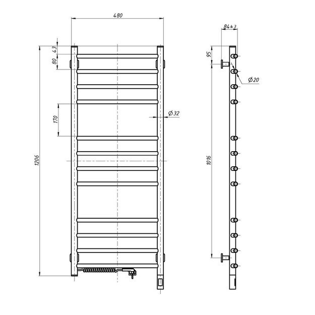 Elektrinis rankšluosčių džiovintuvas Navin Camelia 480x1200, chromas, 10-007133-4812, (laidas kairėje)