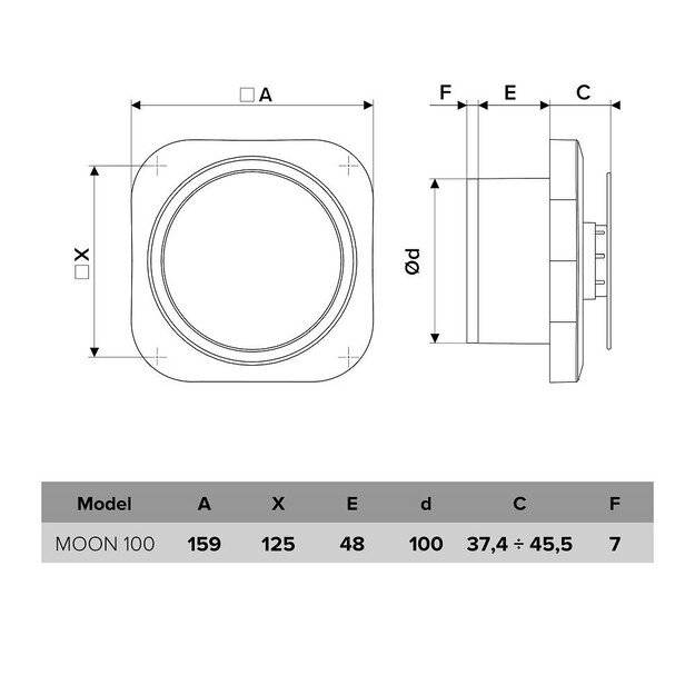 Vonios kambario ventiliatorius Vlano MOON 100 (paprasta komplektacija) 100 mm